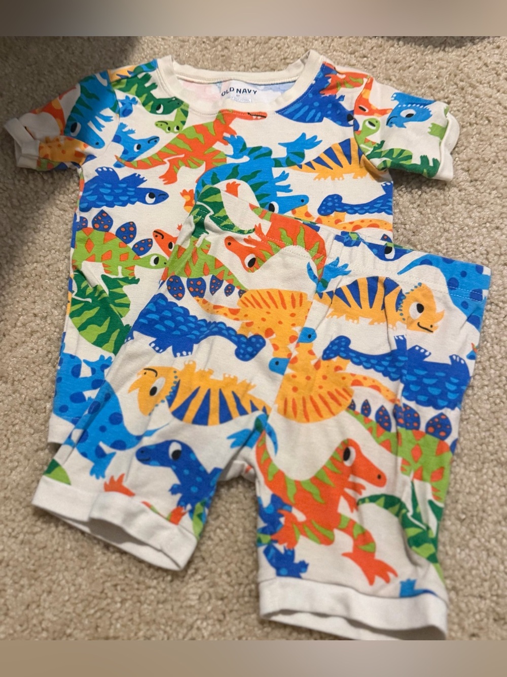 Old Navy White Kids Dino Pajama Set with Blue, Orange and Green Accents